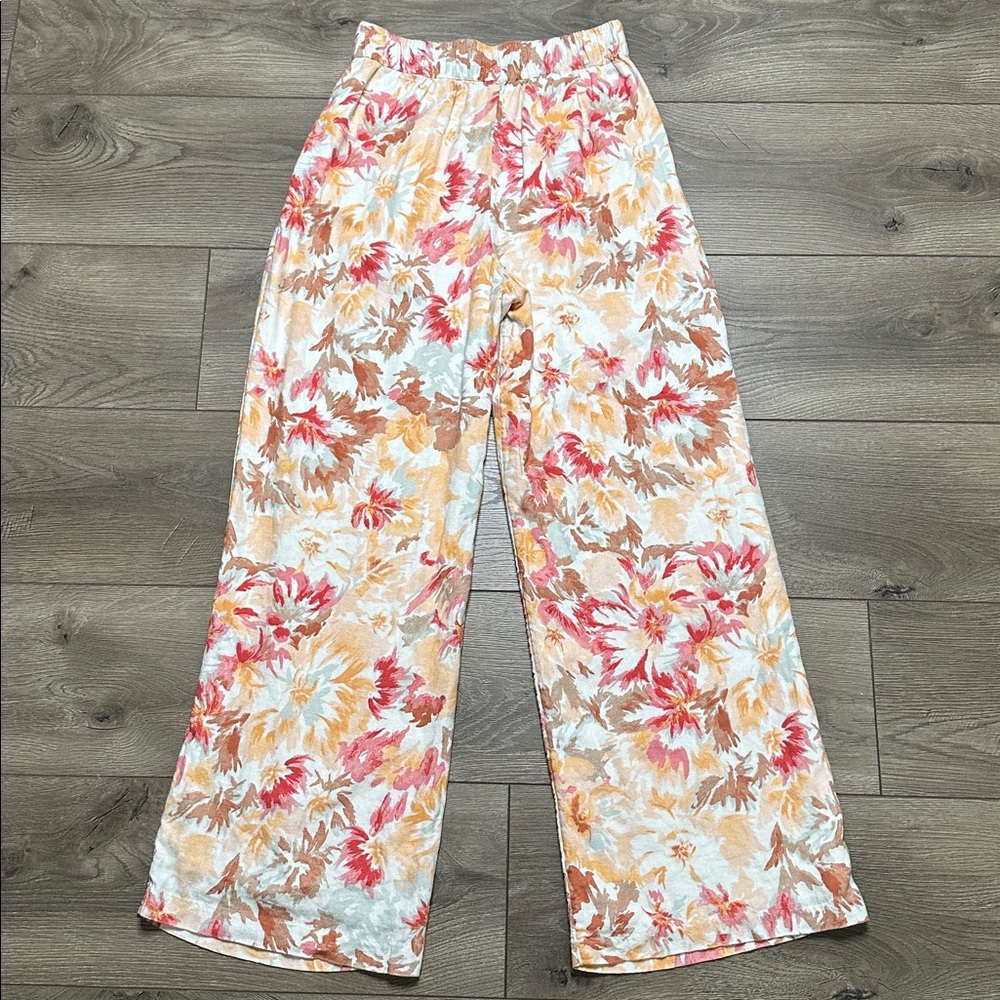Abercrombie & Fitch High Rise Wide Leg Pleated Linen Floral Pants Orange Pink XS - Picture 5 of 14